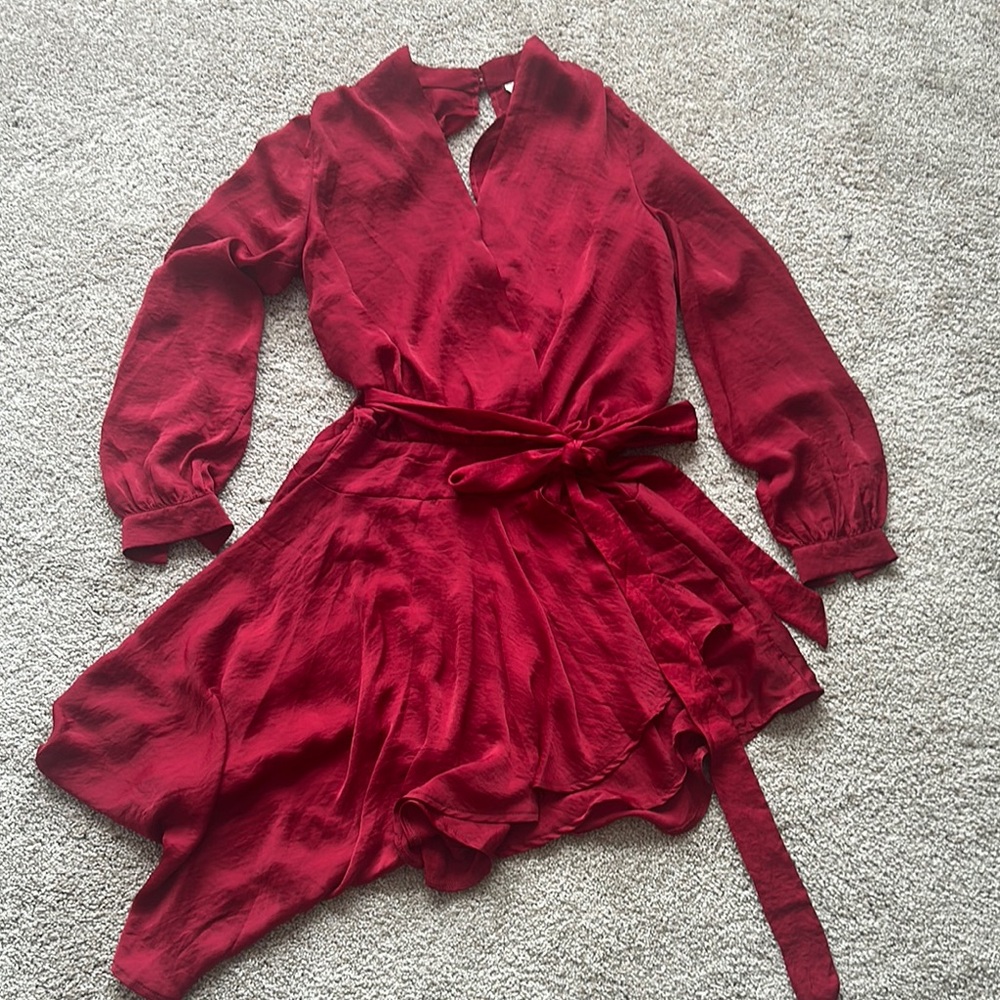 Love Red Wrap Dress with V-Neck and Bishop Sleeves